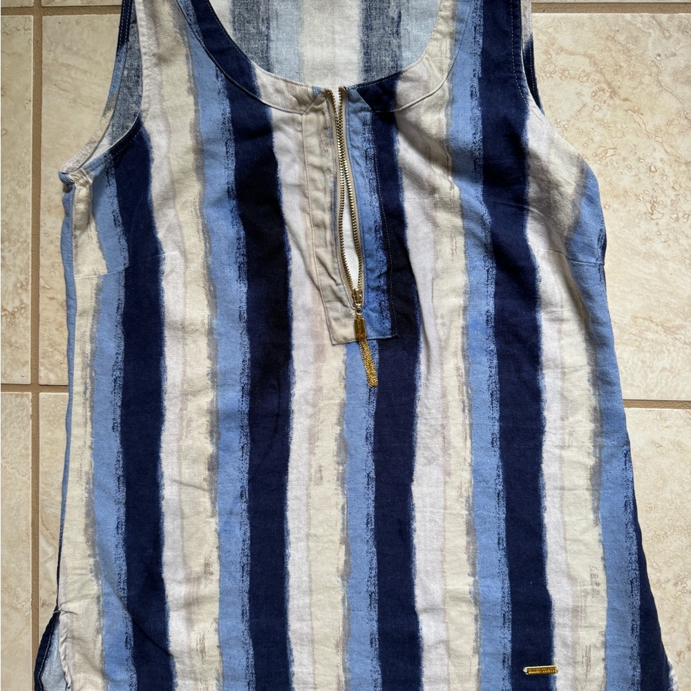 Ellen Tracy Linen Blend Quarter Zip Top Tie Dye Vertical Blue Gray White Stripes